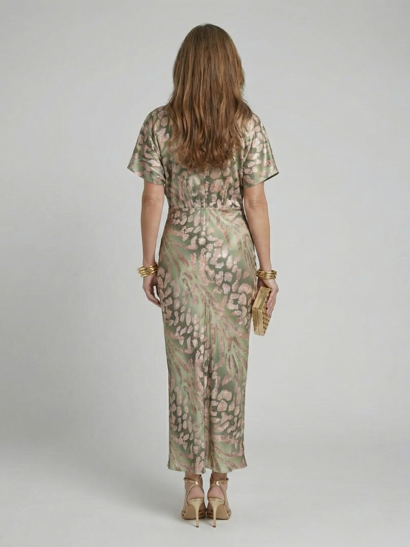 Coralia | Abito Midi con Stampa Astratta, Scollo a V e Twist in Vita