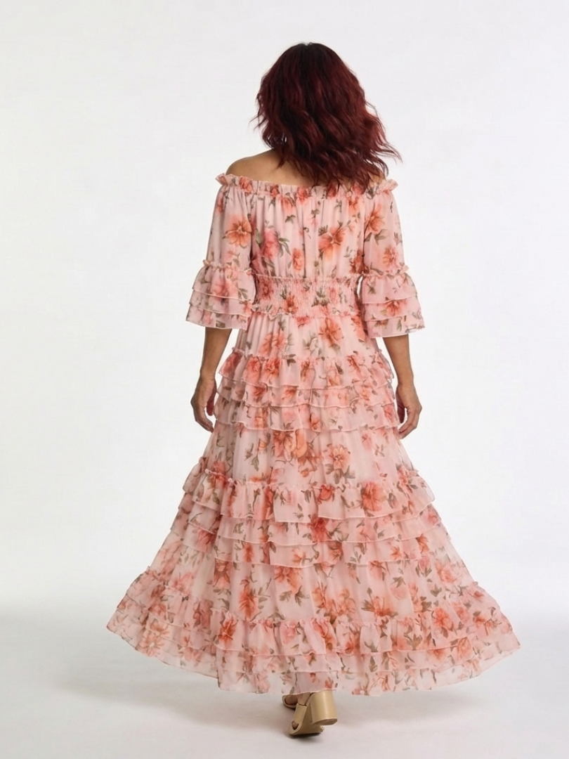 Rosalia | Abito Maxi Floreale con Spalle Scoperte e Volant a Strati