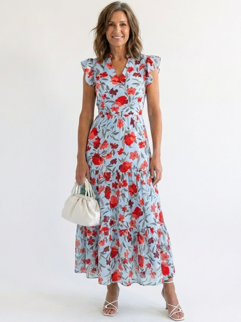 Liliana | Abito Midi Floreale con Scollo a V e Gonna a Strati