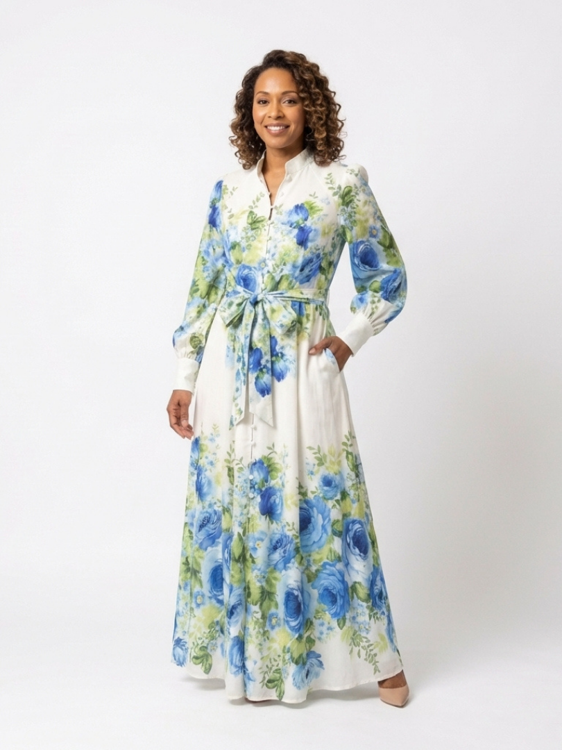 Harrietta | Abito Maxi Floreale con Bottoni e Maniche Lunghe