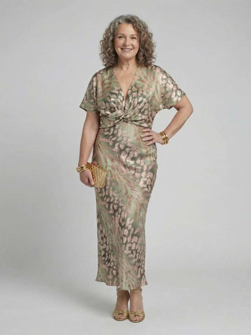 Coralia | Abito Midi con Stampa Astratta, Scollo a V e Twist in Vita