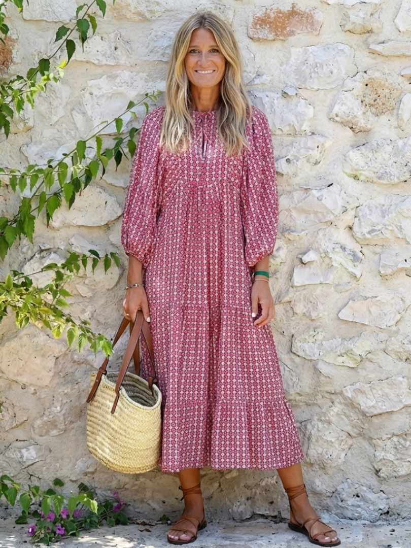 Arianna | Abito Midi con Stampa Geometrica e Maniche Lunghe