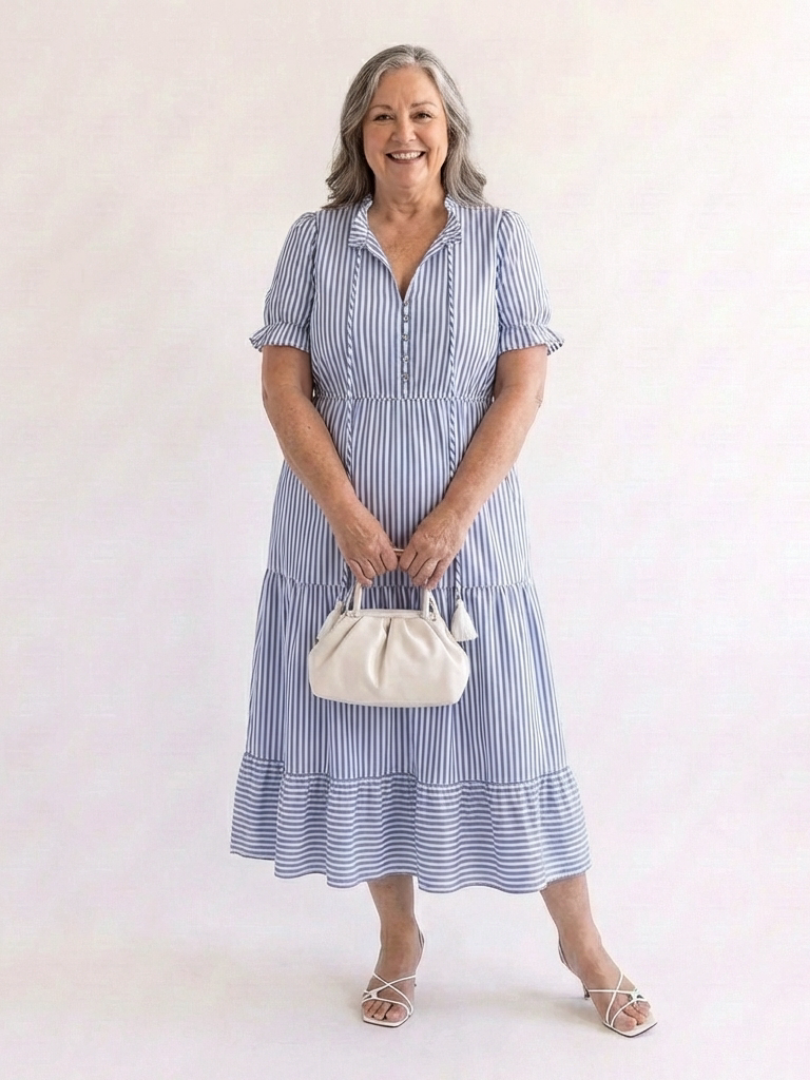 Dalila | Abito Midi a Righe con Gonna a Strati e Maniche Corte