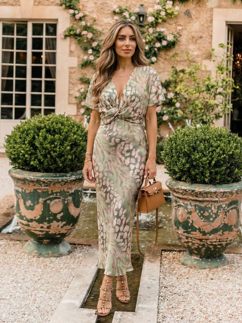 Coralia | Abito Midi con Stampa Astratta, Scollo a V e Twist in Vita
