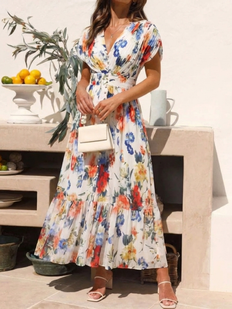 Saveria | Abito Midi Floreale Plissettato con Scollo a V