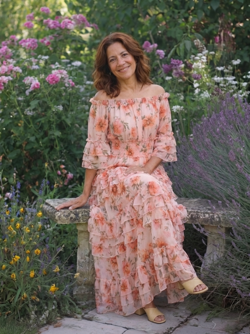 Rosalia | Abito Maxi Floreale con Spalle Scoperte e Volant a Strati