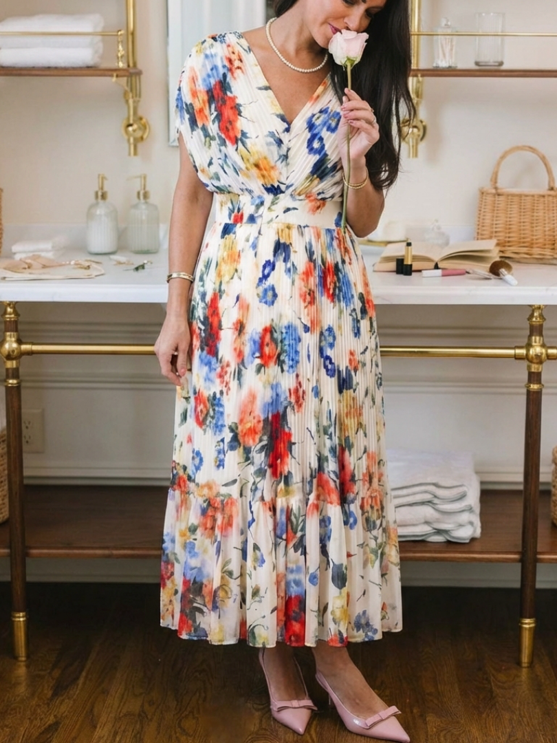 Saveria | Abito Midi Floreale Plissettato con Scollo a V