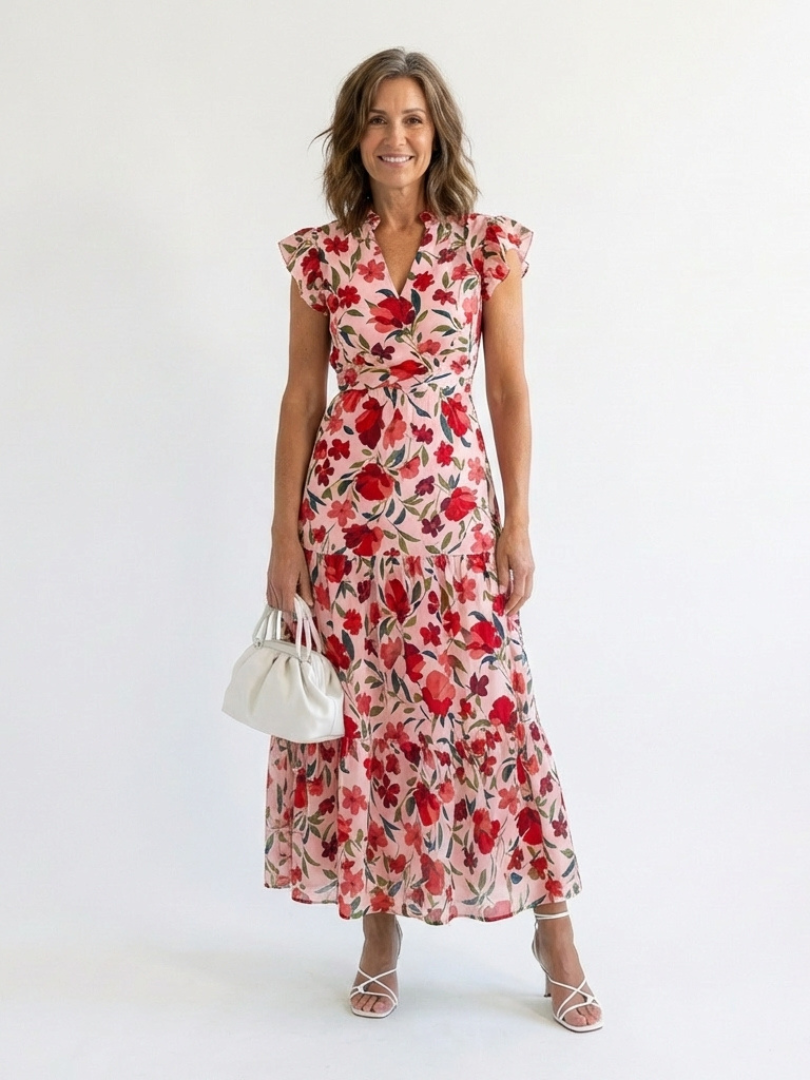 Liliana | Abito Midi Floreale con Scollo a V e Gonna a Strati