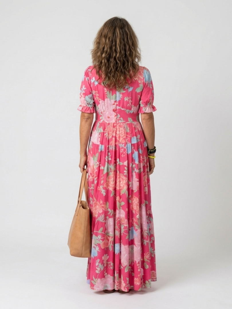Ilaria | Abito Midi Floreale con Scollo a V e Maniche Corte