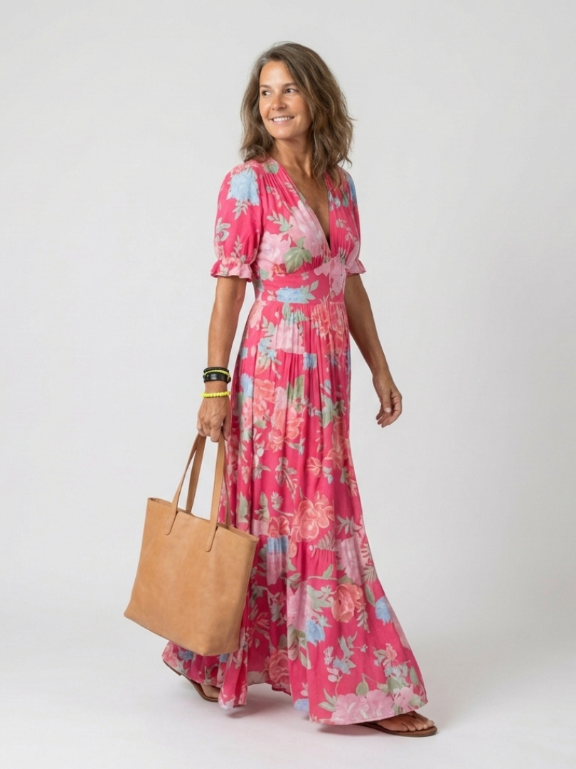 Ilaria | Abito Midi Floreale con Scollo a V e Maniche Corte