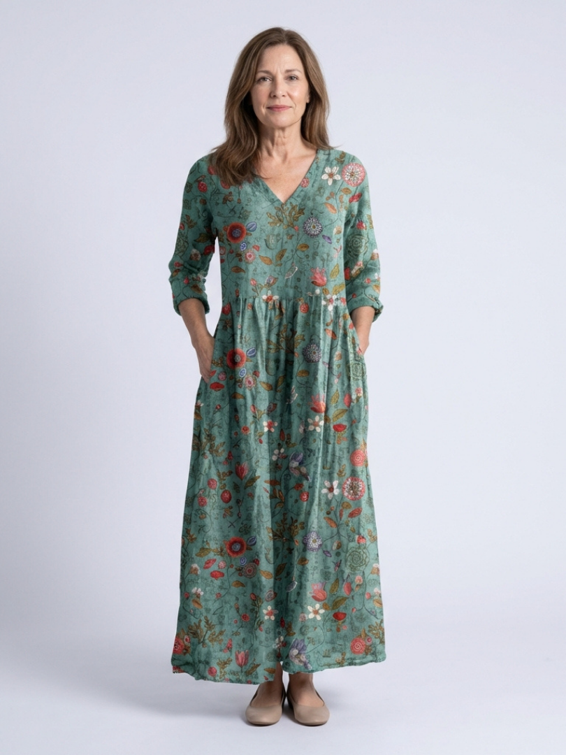 Marina | Abito Maxi Floreale con Scollo a V e Maniche a Tre Quarti