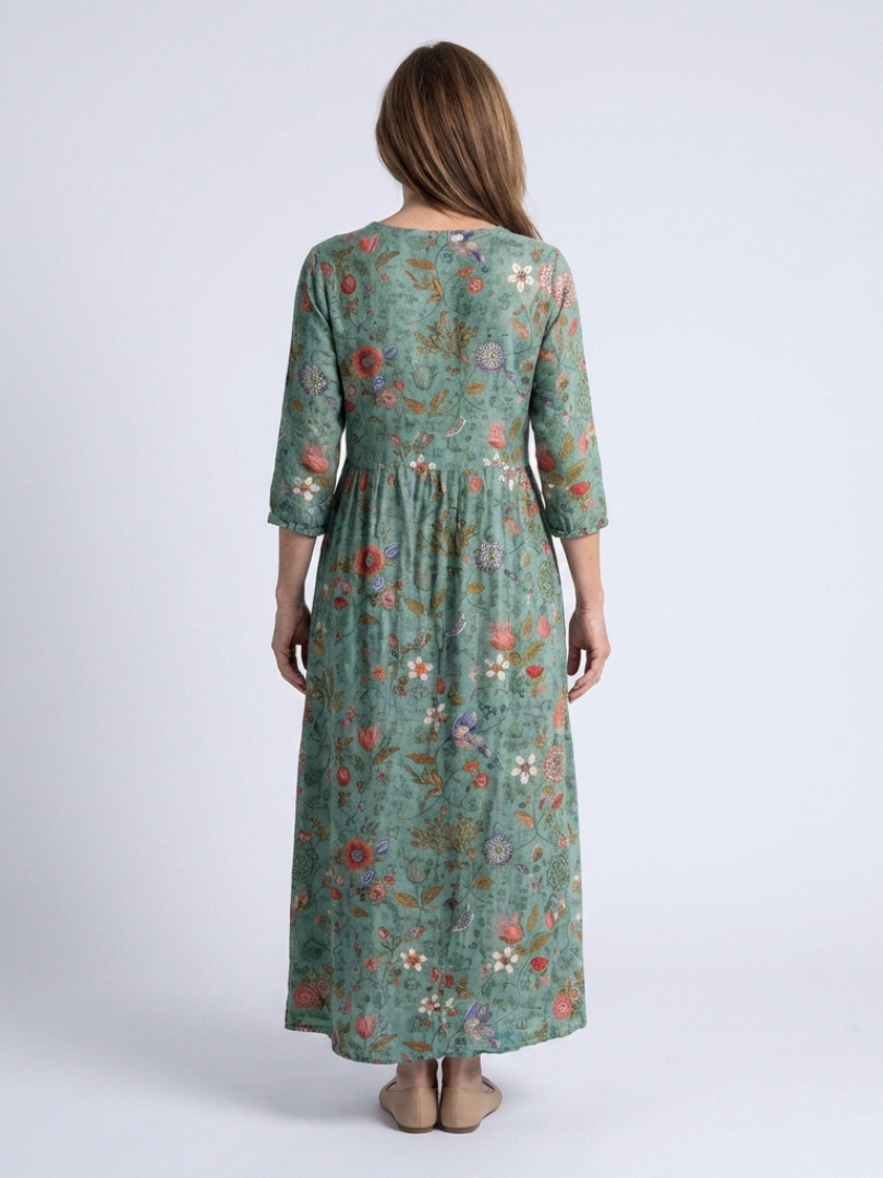 Marina | Abito Maxi Floreale con Scollo a V e Maniche a Tre Quarti