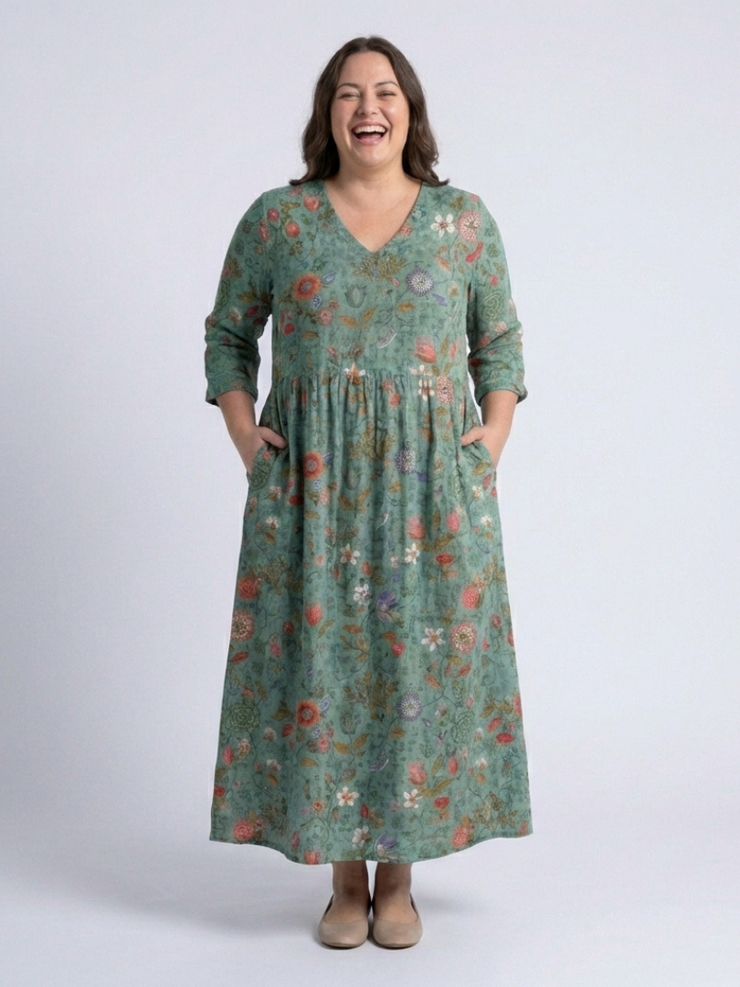 Marina | Abito Maxi Floreale con Scollo a V e Maniche a Tre Quarti