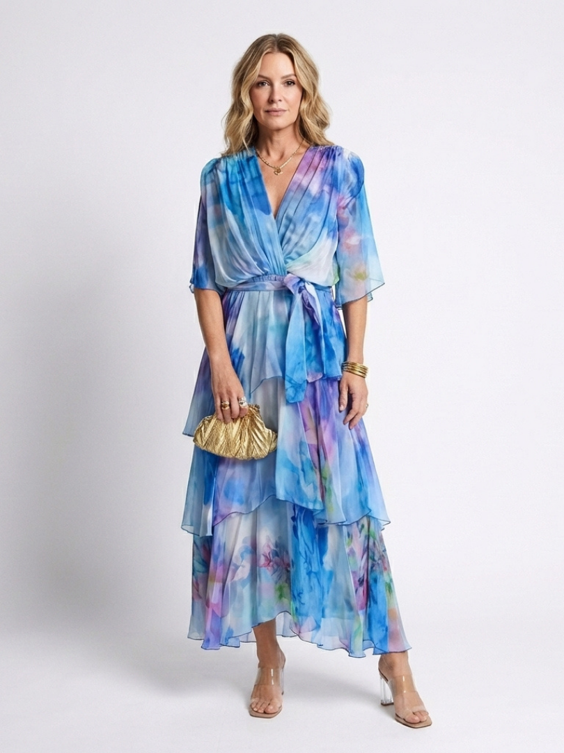 Calissandra | Abito Maxi a Strati con Scollo a V e Cintura