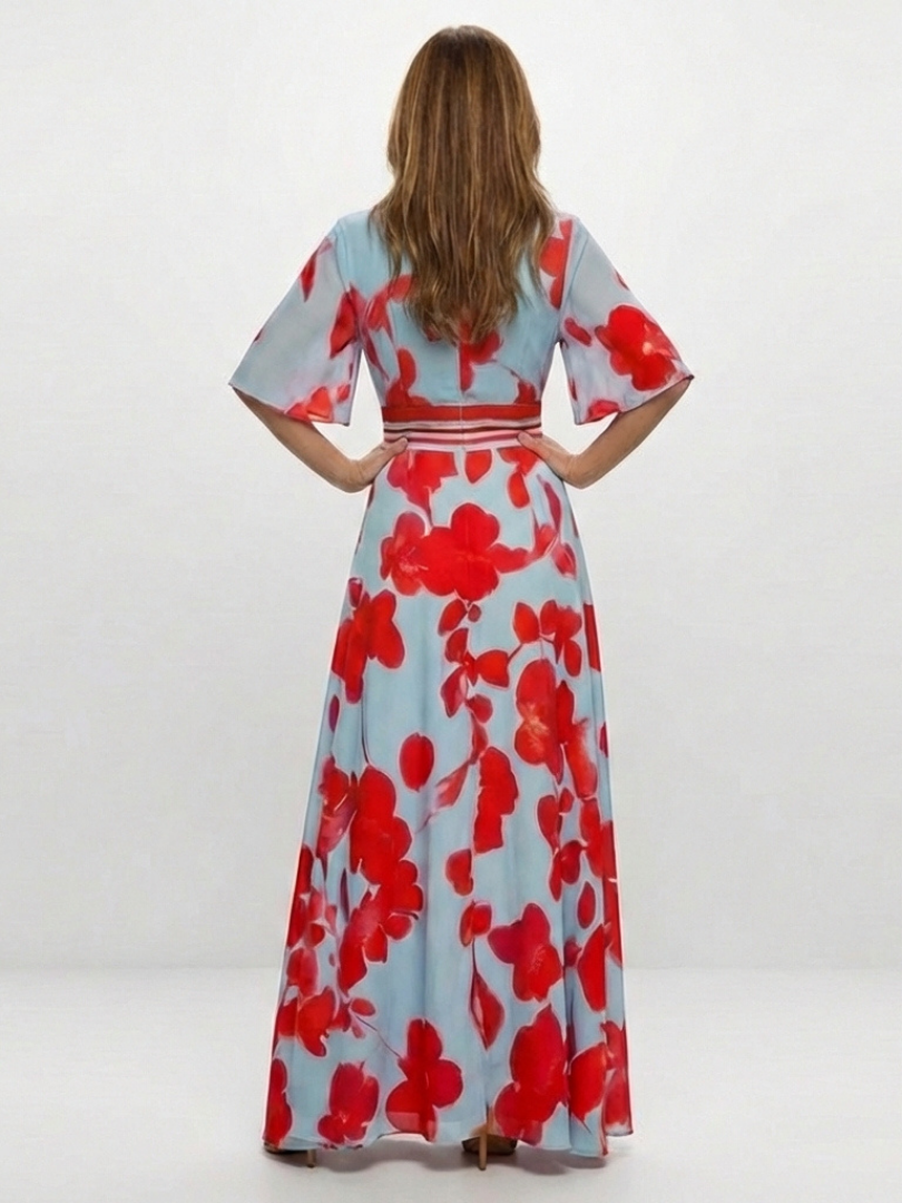 Chiara | Abito Maxi Floreale con Scollo a V e Maniche Corte