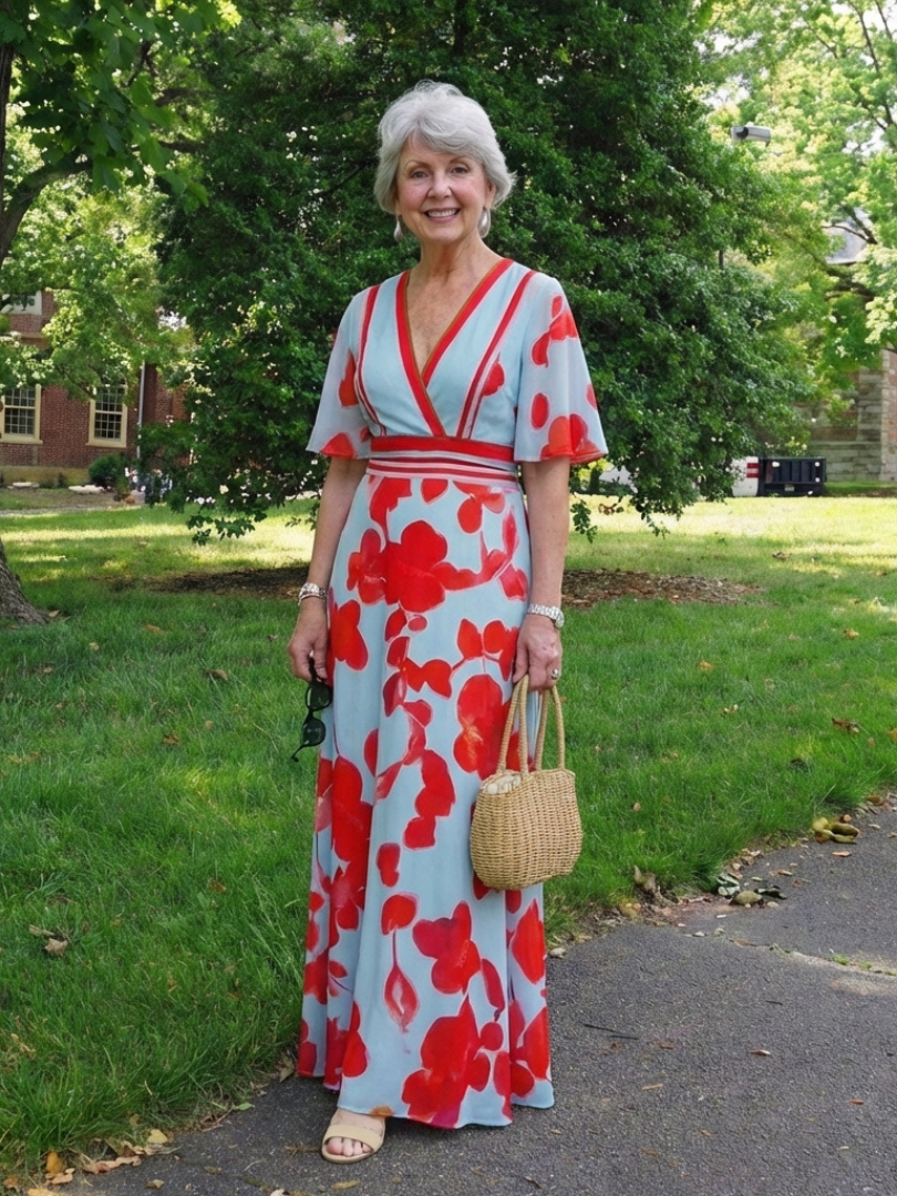 Chiara | Abito Maxi Floreale con Scollo a V e Maniche Corte