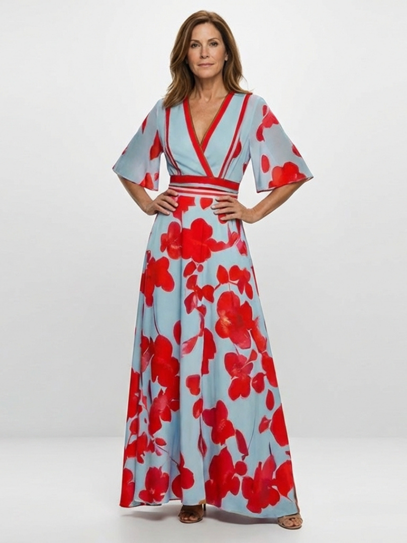 Chiara | Abito Maxi Floreale con Scollo a V e Maniche Corte