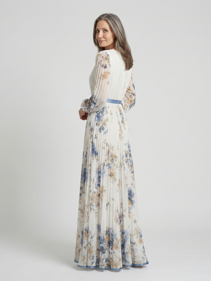 Lavinia | Abito Maxi Floreale con Maniche Lunghe in Chiffon e Scollo a V