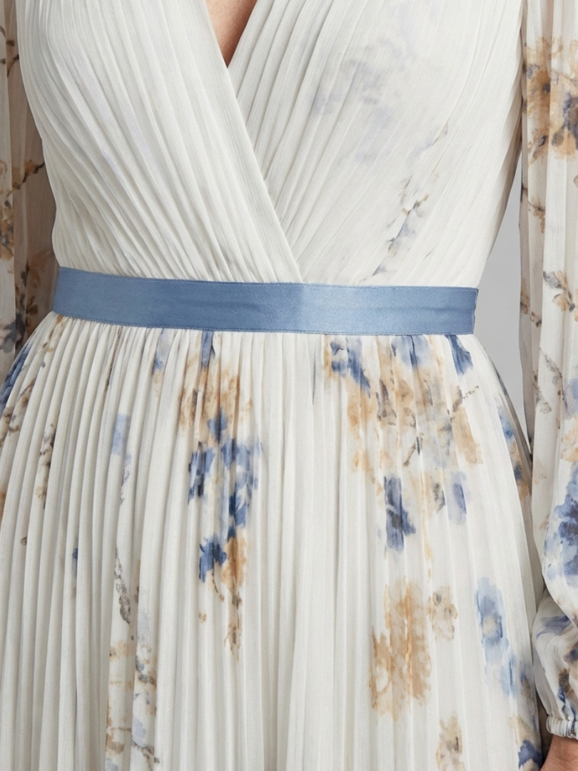 Lavinia | Abito Maxi Floreale con Maniche Lunghe in Chiffon e Scollo a V