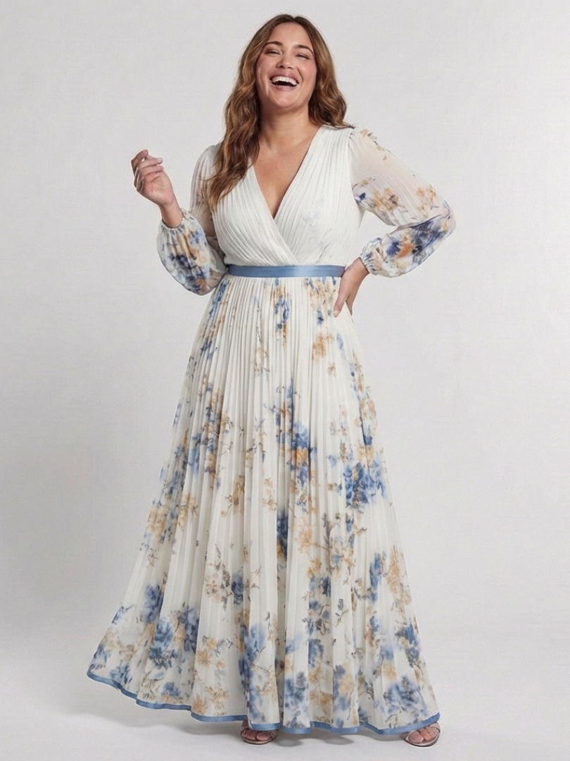 Lavinia | Abito Maxi Floreale con Maniche Lunghe in Chiffon e Scollo a V