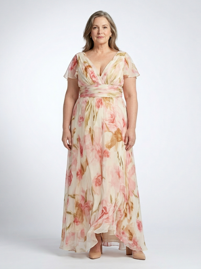Elara | Abito Maxi Floreale con Scollo a V e Maniche Corte