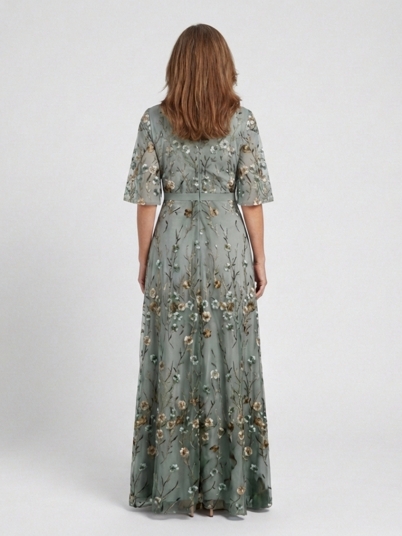 Evandra | Abito Maxi Floreale con Scollo a V e Maniche in Chiffon