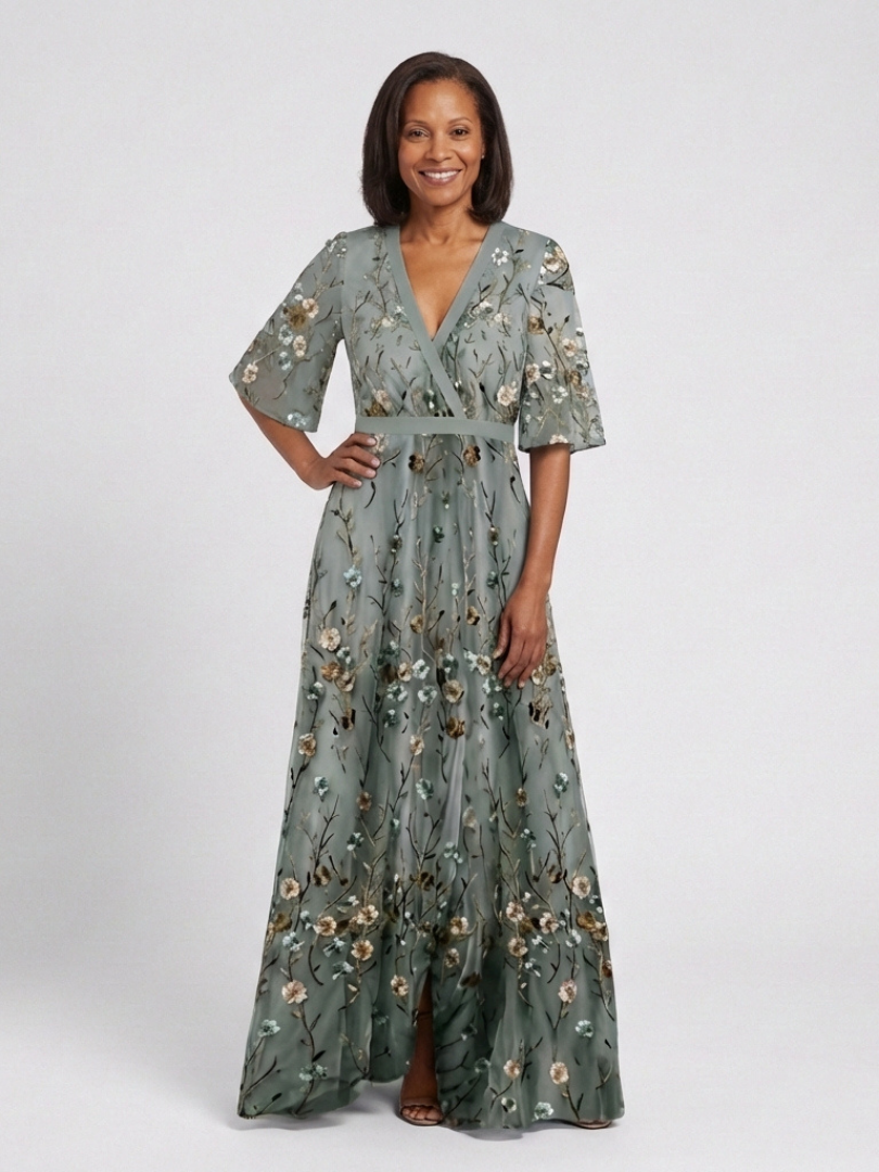 Evandra | Abito Maxi Floreale con Scollo a V e Maniche in Chiffon