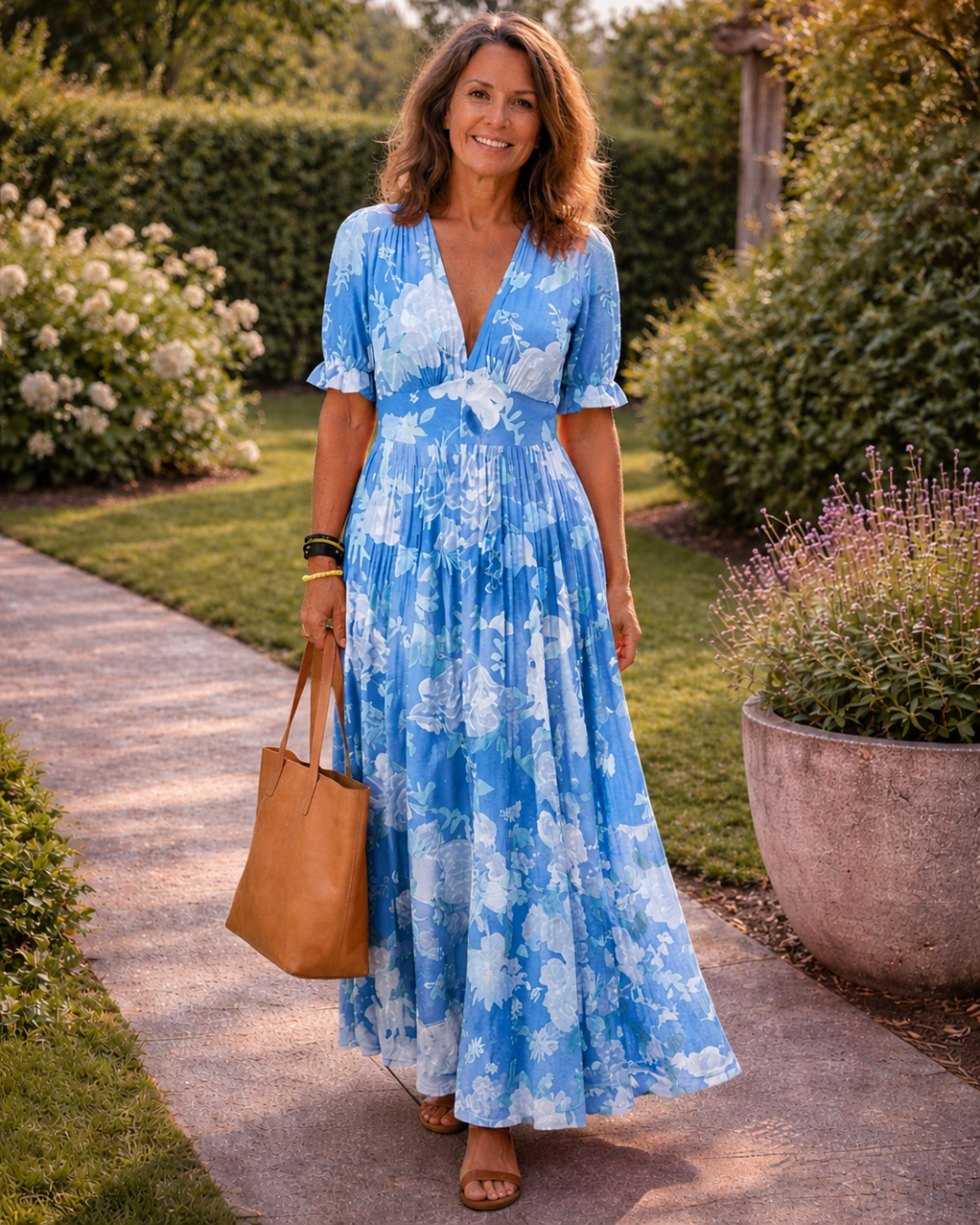 Ilaria | Abito Midi Floreale con Scollo a V e Maniche Corte