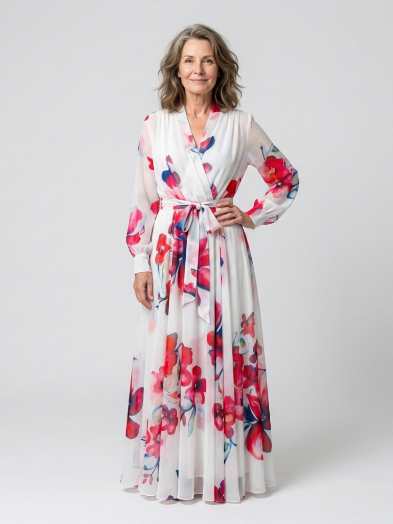 Lilianna | Abito Maxi Floreale a Portafoglio con Maniche Lunghe