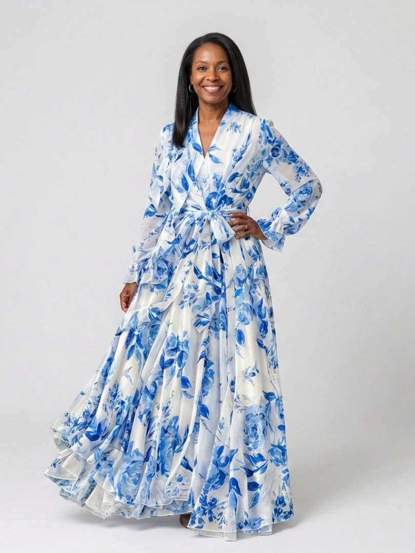 Lilianna | Abito Maxi Floreale a Portafoglio con Maniche Lunghe