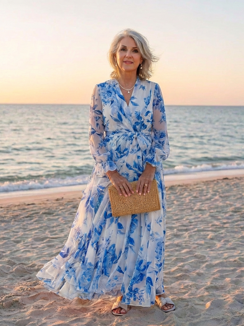 Lilianna | Abito Maxi Floreale a Portafoglio con Maniche Lunghe