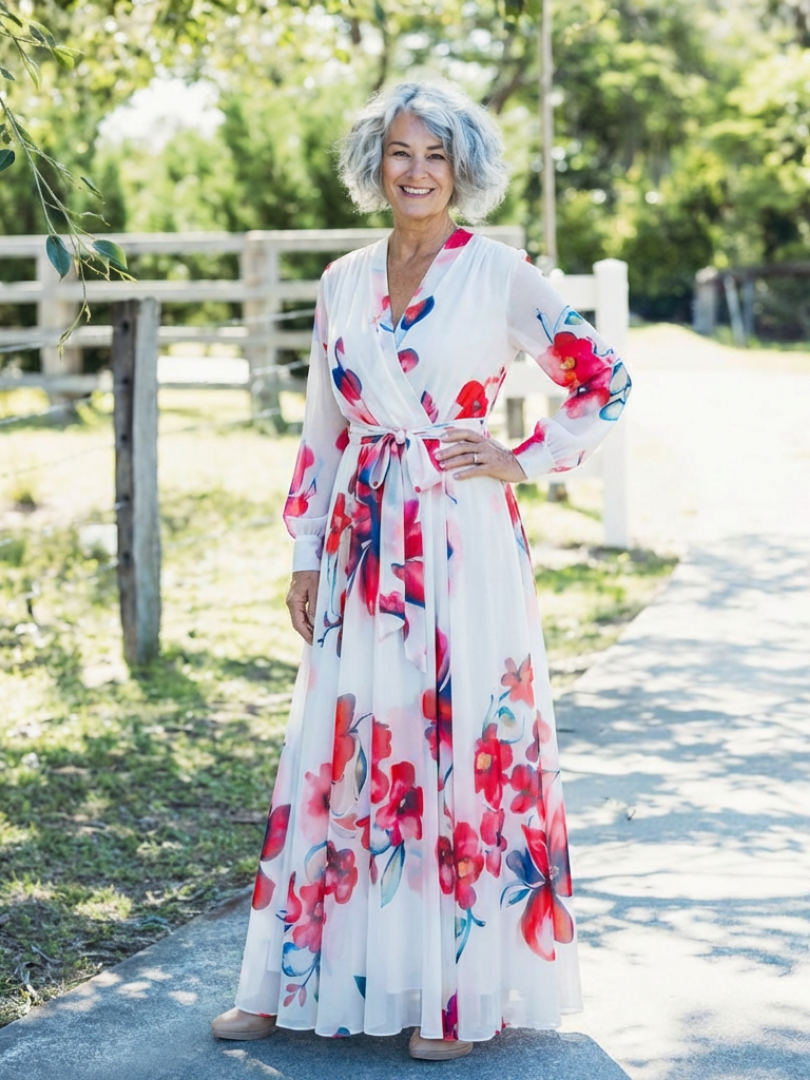 Lilianna | Abito Maxi Floreale a Portafoglio con Maniche Lunghe