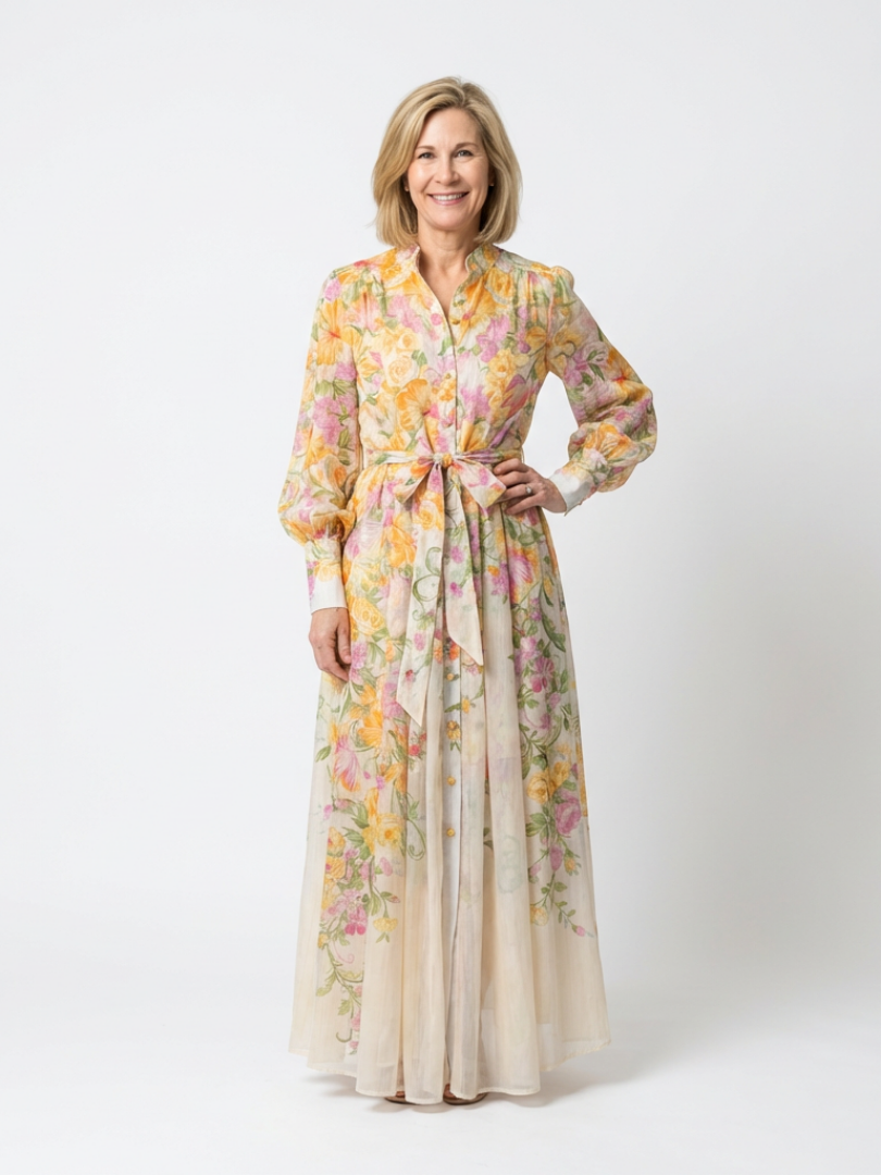 Cristina | Abito Maxi Floreale con Maniche Lunghe in Chiffon Trasparente