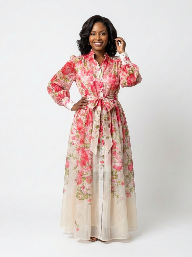 Cristina | Abito Maxi Floreale con Maniche Lunghe in Chiffon Trasparente