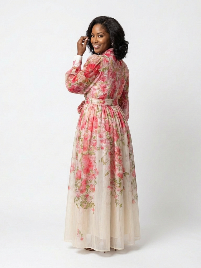 Cristina | Abito Maxi Floreale con Maniche Lunghe in Chiffon Trasparente