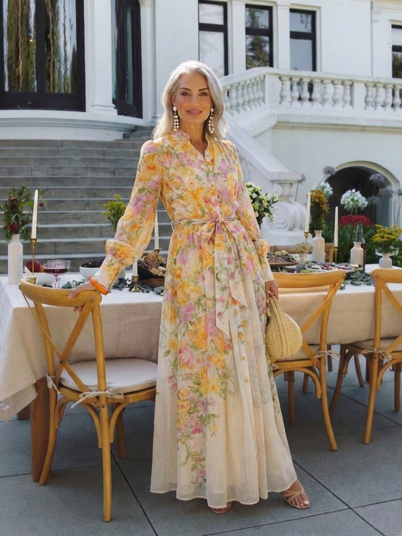 Cristina | Abito Maxi Floreale con Maniche Lunghe in Chiffon Trasparente